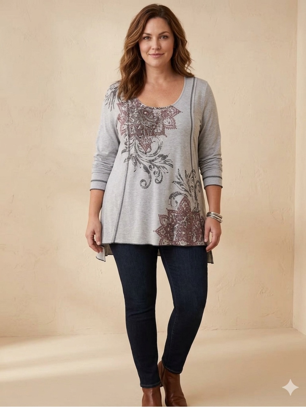 Oneworld Gray Rhinestone Paisley Floral Scoop Neck Tunic Size 1X
